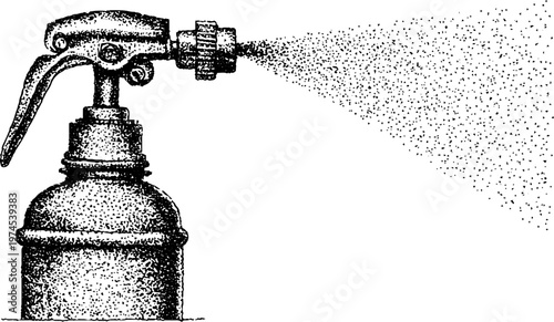 Spray bottle emitting fine mist across blank white background