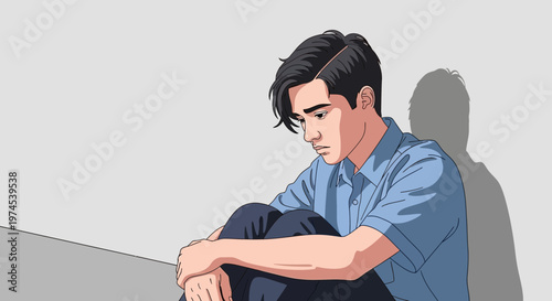 Sad Young Man Sitting Alone, Feeling Depressed and Lonely