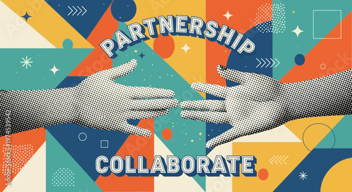 Partnership and Collaboration concept: Two hands reaching out to connect against a vibrant geometric background.