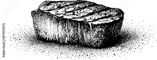 Beef steak resting on dotted surface pen and ink engraving