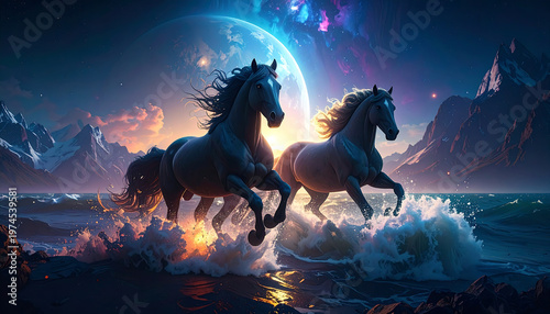 Majestic horses galloping through a surreal mystical landscape