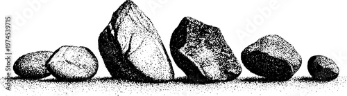 Varied stones aligned in single row on flat surface white background