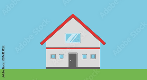 Modern Flat House Illustration with Red Roof and Green Lawn