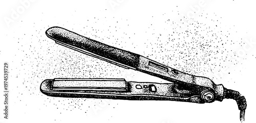 Hair straightener resting open on speckled countertop surface