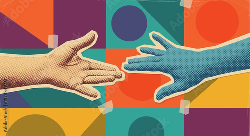 Reaching Hands Connect Across Abstract Geometric Background, Symbolizing Unity and Support