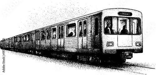 Commuter train moving along elevated track in urban setting