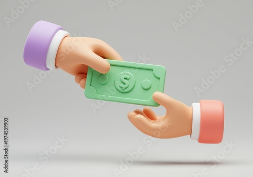 3 d cartoon hands exchanging a green dollar bill, 3d isolated on a neutral gray background, for financial concept