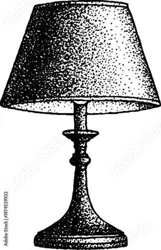 Table lamp with tapered shade on slim decorative base surface