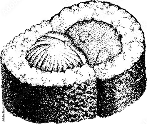 Two sushi pieces topped with shellfish on rice and nori