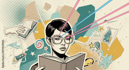 Woman reading book, imagination, creativity, inspiration, knowledge, education, retro style