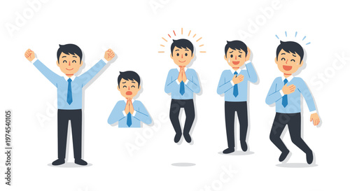 Businessman Expressing Joyful Emotions and Positive Feelings in Various Poses