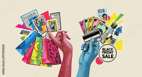 Black Friday Sale: Hands Holding Shopping Bags and Credit Card with Money