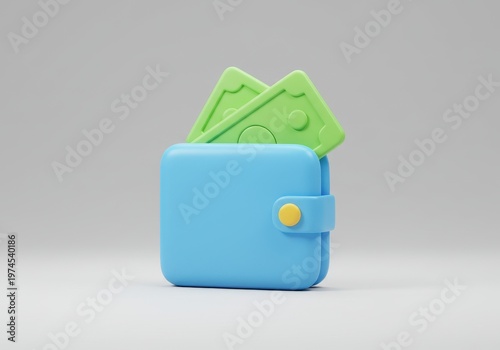 3 d render of a light blue wallet with green paper money bills sticking out, 3d isolated on a soft grey background