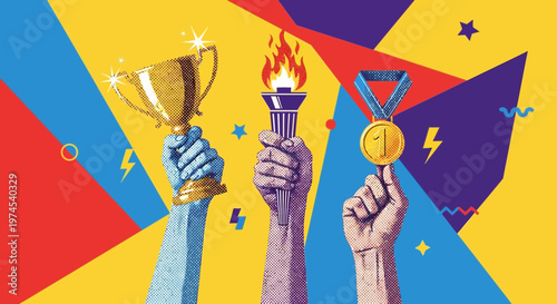 Hands Holding Trophy, Torch, and Medal Against Colorful Geometric Background