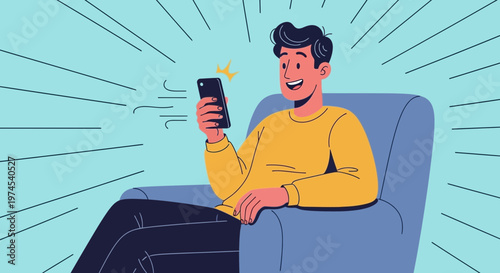 Happy Man Relaxing on Sofa Using Smartphone, Receiving Good News