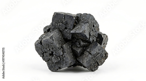 Close-up of a cluster of dark gray cubic mineral crystals on a white background