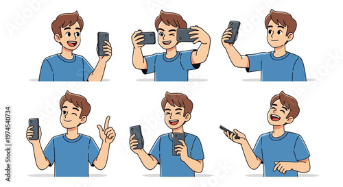 Young Man Taking Selfies with Smartphone, Multiple Poses and Expressions