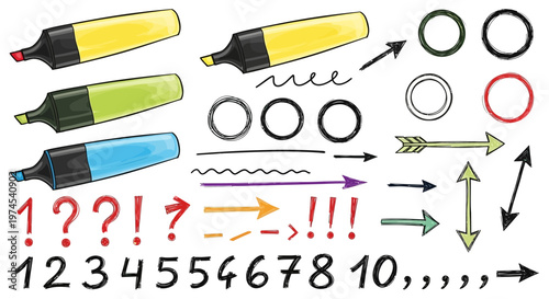 Hand-drawn Highlighters, Arrows, Numbers, and Symbols - Creative Elements