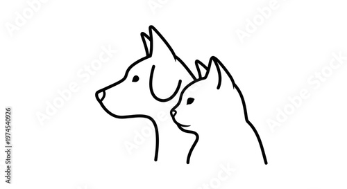 Minimalist Line Art Icon: Dog and Cat Profile Silhouette, Friendship and Companionship Concept