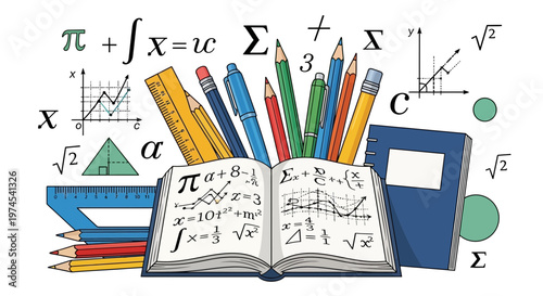 Math and Science Education Concept: Open Book with Formulas, Pencils, Ruler, and Graphs