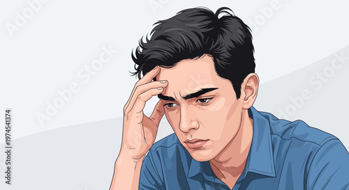 Man with hand on forehead, looking down, stressed, thoughtful, worried, with copy space