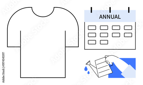 Sustainability, eco-friendly habits, annual events, clothing reuse, resource conservation, water management. Minimalist t-shirt, calendar and hand watering. Sustainability and eco-friendly habits