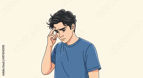 Young man with hand on forehead, looking thoughtful and concerned, isolated on a light background