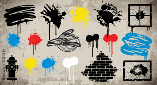 Graffiti Elements Collection: Splatters, Drips, Brick, Fire Hydrant, Broken Glass