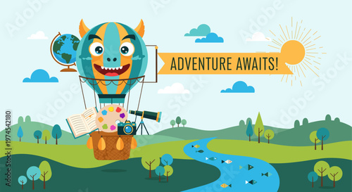 Embark on a thrilling adventure with this whimsical hot air balloon illustration, sparking curiosity and a love for exploration with globes, telescopes, and books