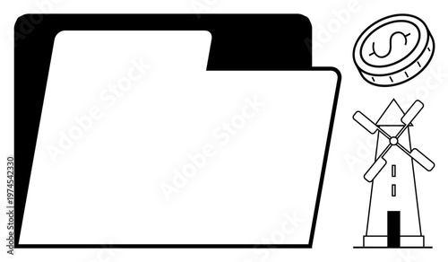 Business operations, renewable energy, file management, investments, savings, sustainability. Folder shape, dollar coin windmill. Business operations and renewable energy for financial management