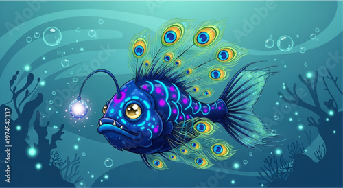 Fantastic Peacock Anglerfish with Lure and Bubbles in Deep Blue Ocean Underwater Scene Illustration