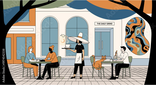 A whimsical illustration of a cafe scene with people and a cat enjoying a pleasant outdoor dining experience amidst charming architecture and subtle artistic touches