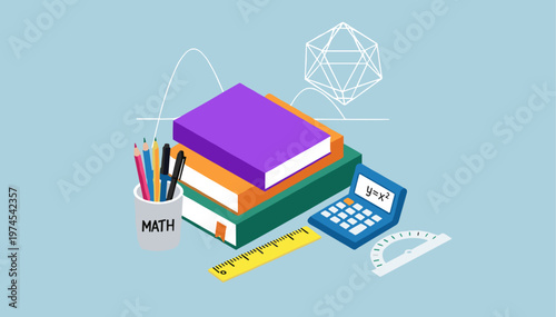 Isometric illustration of math study essentials stacked books, calculator, ruler, protractor, and pencils, representing education and academic achievement