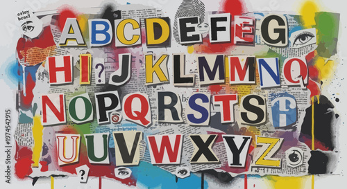 Alphabet Letters Cutout Collage, Vintage Newspaper Background, Graffiti Art Style