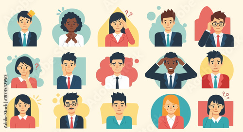 Diverse people showing stress, anxiety, and confusion in business settings