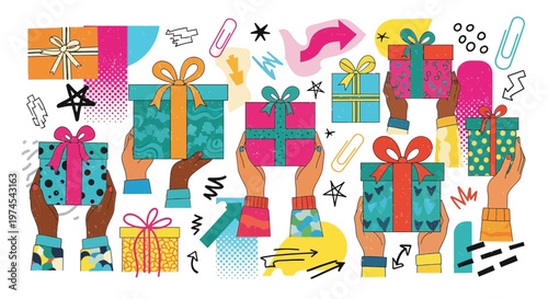 Diverse Hands Holding Gift Boxes, Celebration, Giving, Surprise, Holiday, Festive, Colorful