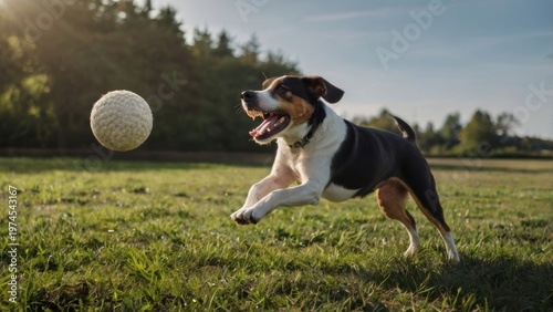 Playful Canine Pursuit: A joyous dog, full of energy and anticipation, leaps across a sun-drenched field in hot pursuit of a bouncing ball, capturing the thrill of a perfect day.