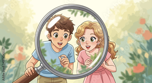 Children exploring nature with a magnifying glass, discovering small plants and insects in a garden.