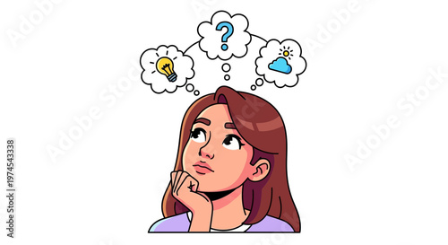 Young Woman Thinking with Lightbulb, Question Mark, and Cloud Symbols Above Head