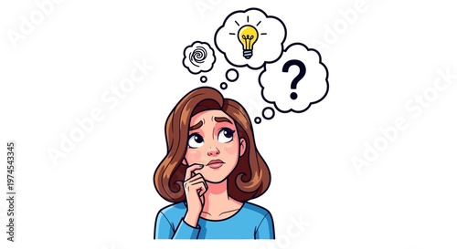 Woman thinking with light bulb and question mark in thought bubbles, idea concept