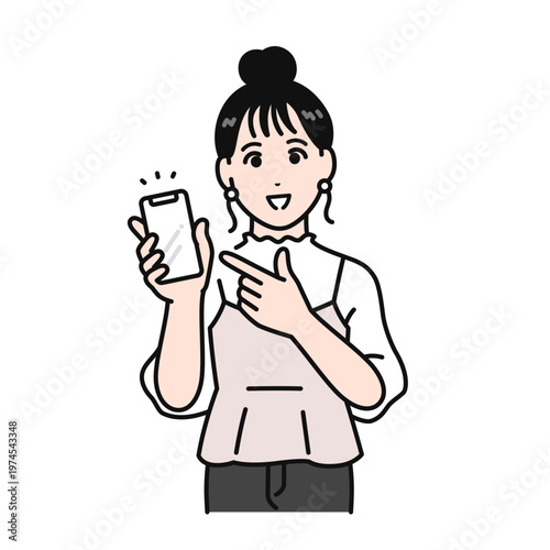スマホの画面を見せながら紹介するまとめ髪の若い女性のシンプルなベクターイラスト素材