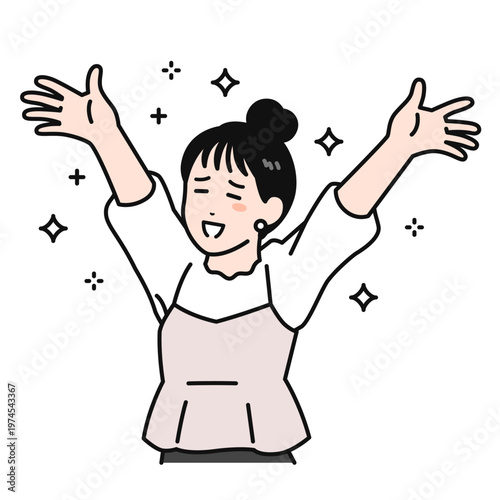 バンザイをして喜ぶまとめ髪の若い女性のシンプルなベクターイラスト素材