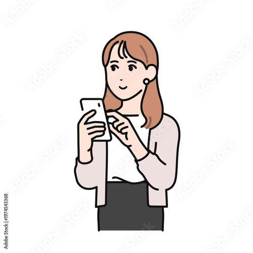スマホを操作するカーディガン姿の若い女性のシンプルなベクターイラスト素材