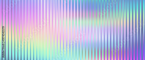 Acrylic ribbed glass with rainbow hologram effect texture background. Fluted plastic panel with blurred light reflections and iridescent glow. Abstract colorful surface for modern design and overlay.