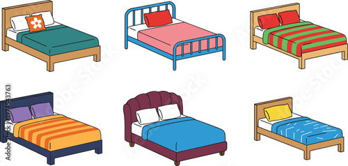 Bed furniture illustration set, different bedroom beds with pillows and blankets in various styles, home interior design, sleeping collection