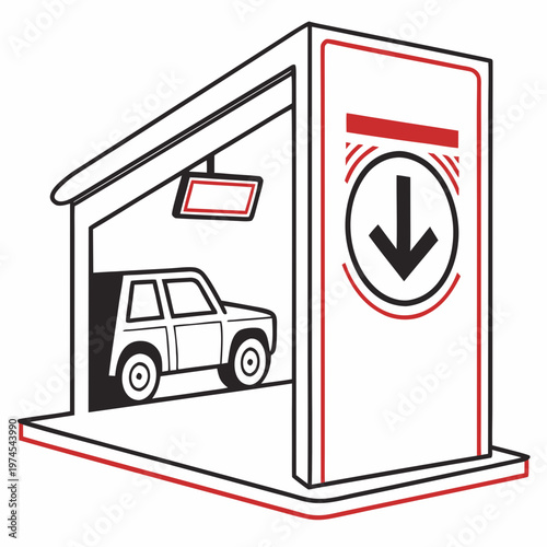 Car in a garage with a downward pointing arrow sign vehicle