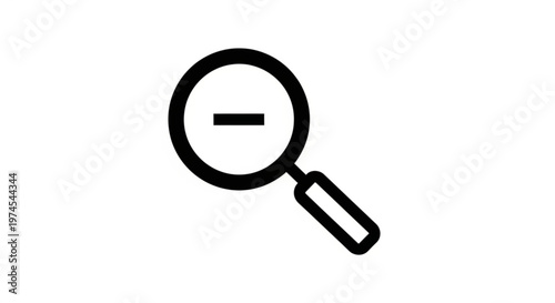 A minimalist vector graphic of a magnifying glass with a minus sign in the center, used for search or zoom out functions.