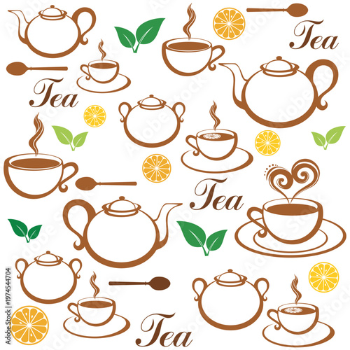 Seamless pattern with tea pots and tea cups.  Cute kitchen pattern. Good for textile fabric design, wrapping paper, website wallpapers, textile, wallpaper and apparel. 