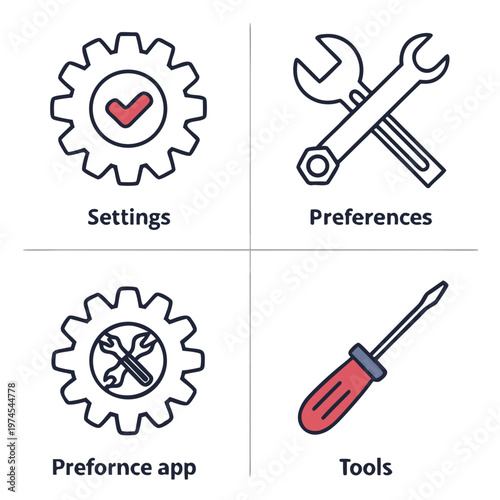 Settings and tools with labels on white background