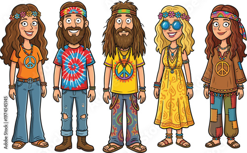 Hippie people cartoon characters illustration set, retro 70s style fashion with peace symbols, bohemian culture design, colorful vintage concept